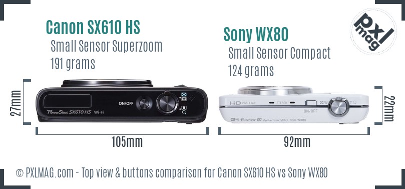 Canon SX610 HS vs Sony WX80 top view buttons comparison