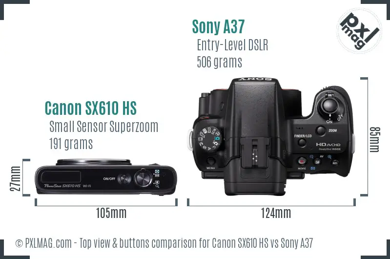 Canon SX610 HS vs Sony A37 top view buttons comparison Canon SX610 HS vs Sony A37 top view buttons comparison