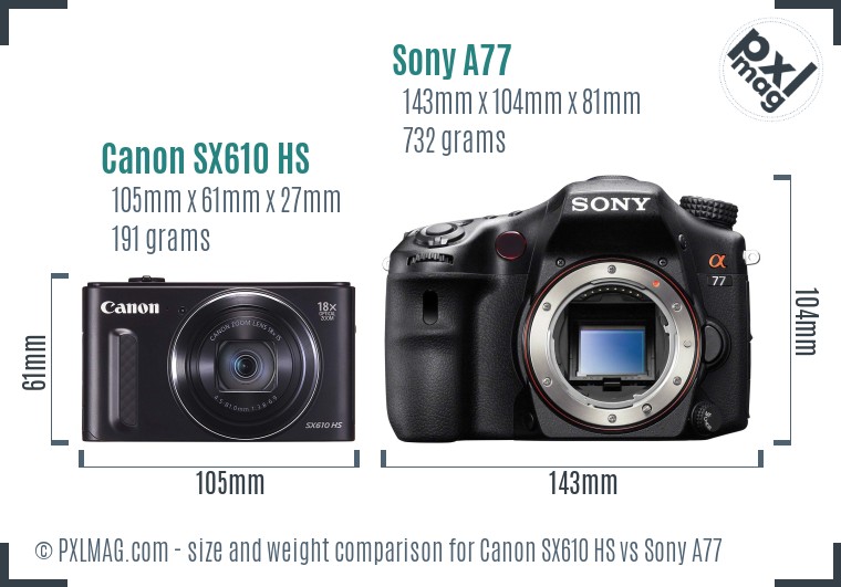 Canon SX610 HS vs Sony A77 size comparison