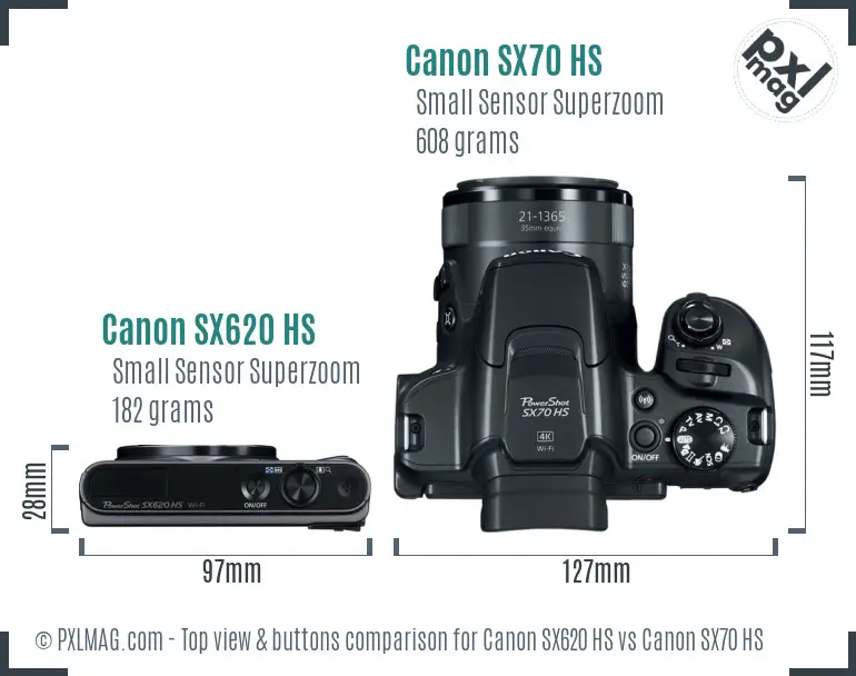 Canon SX620 HS vs Canon SX70 HS top view buttons comparison