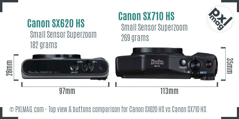 Canon SX620 HS vs Canon SX710 HS top view buttons comparison