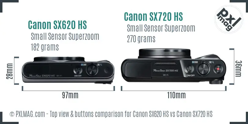 Canon SX620 HS vs Canon SX720 HS top view buttons comparison