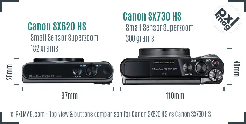 Canon SX620 HS vs Canon SX730 HS top view buttons comparison
