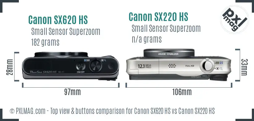 Canon SX620 HS vs Canon SX220 HS top view buttons comparison