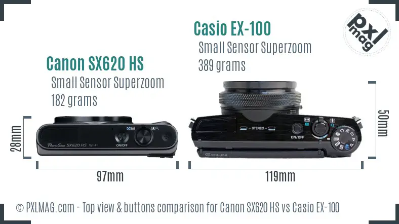 Canon SX620 HS vs Casio EX-100 top view buttons comparison