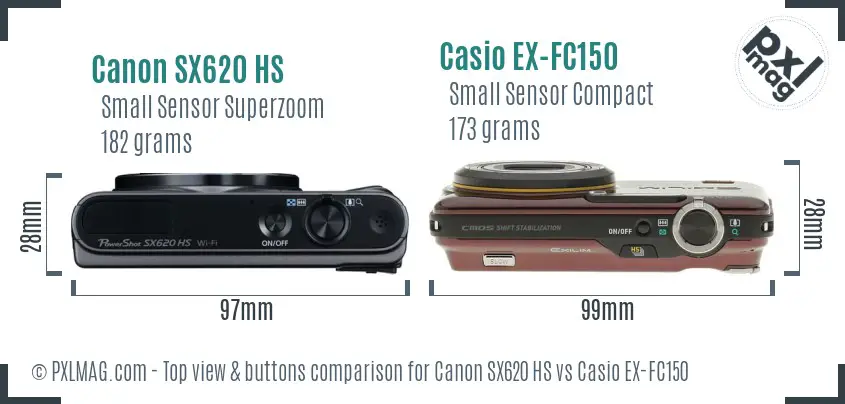 Canon SX620 HS vs Casio EX-FC150 top view buttons comparison