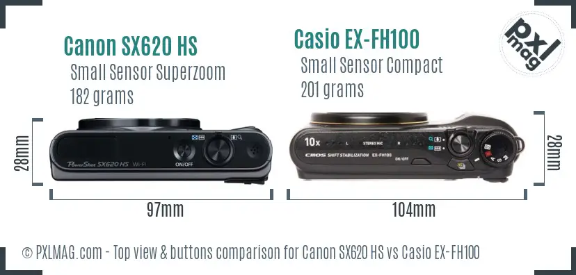 Canon SX620 HS vs Casio EX-FH100 top view buttons comparison