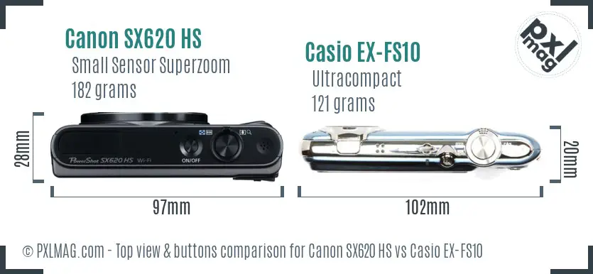 Canon SX620 HS vs Casio EX-FS10 top view buttons comparison