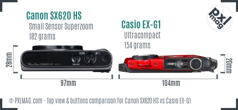 Canon SX620 HS vs Casio EX-G1 top view buttons comparison