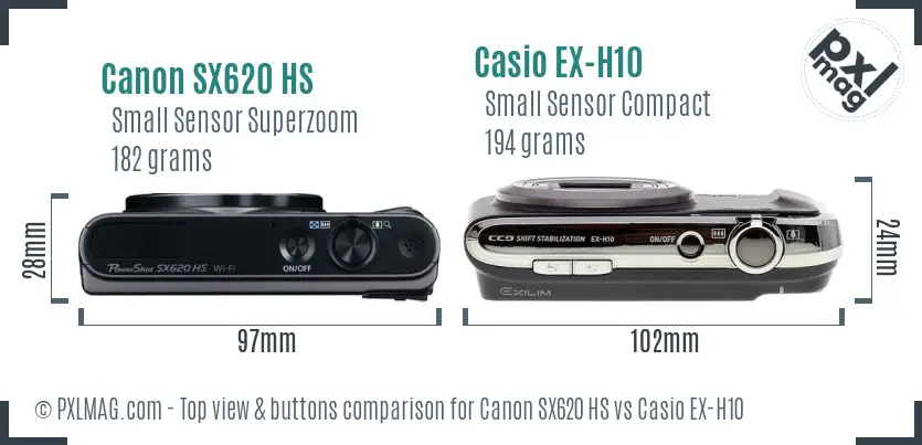 Canon SX620 HS vs Casio EX-H10 top view buttons comparison