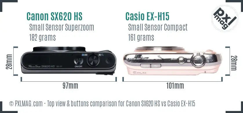Canon SX620 HS vs Casio EX-H15 top view buttons comparison
