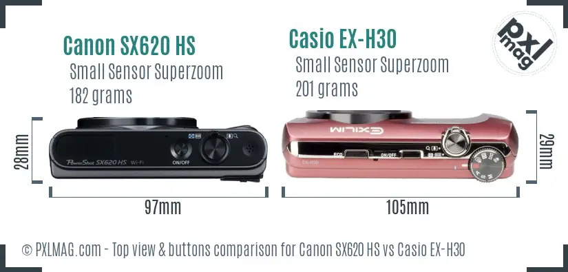 Canon SX620 HS vs Casio EX-H30 top view buttons comparison