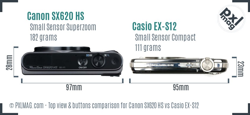 Canon SX620 HS vs Casio EX-S12 top view buttons comparison