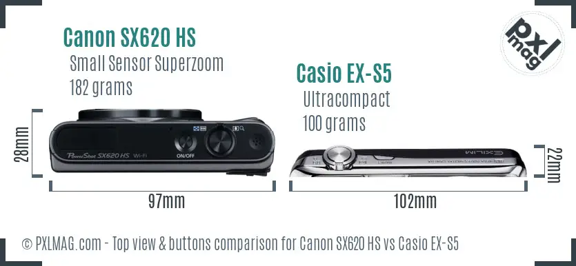 Canon SX620 HS vs Casio EX-S5 top view buttons comparison