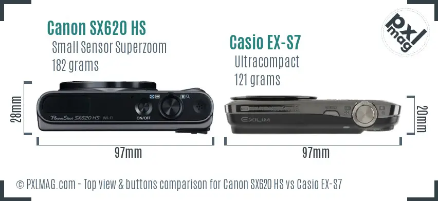 Canon SX620 HS vs Casio EX-S7 top view buttons comparison