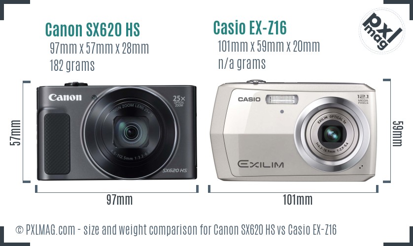 Canon SX620 HS vs Casio EX-Z16 size comparison