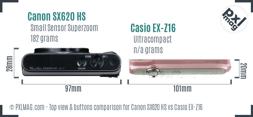 Canon SX620 HS vs Casio EX-Z16 top view buttons comparison
