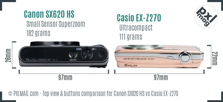 Canon SX620 HS vs Casio EX-Z270 top view buttons comparison Canon SX620 HS vs Casio EX-Z270 top view buttons comparison