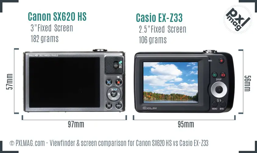 Canon SX620 HS vs Casio EX-Z33 Screen and Viewfinder comparison