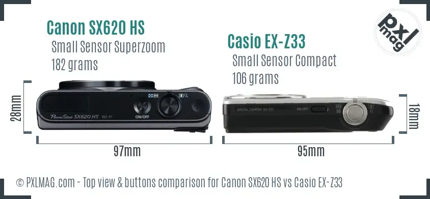 Canon SX620 HS vs Casio EX-Z33 top view buttons comparison