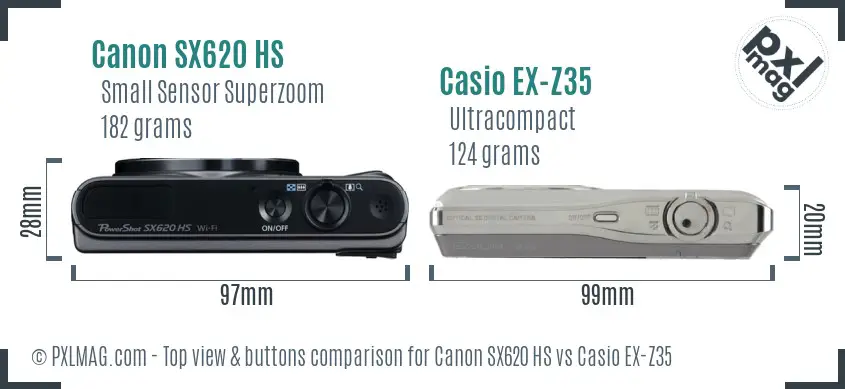 Canon SX620 HS vs Casio EX-Z35 top view buttons comparison Canon SX620 HS vs Casio EX-Z35 top view buttons comparison