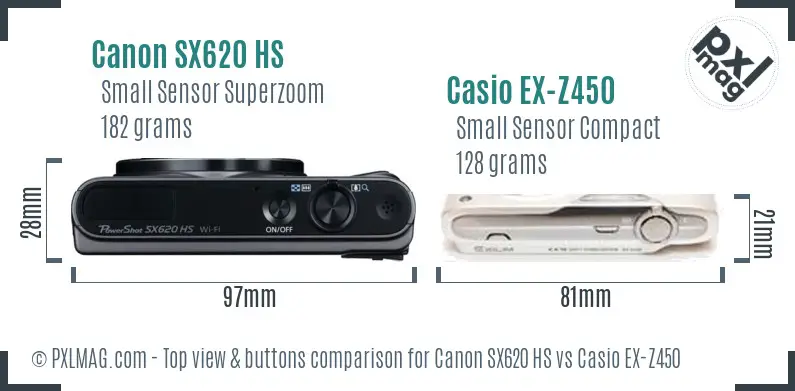 Canon SX620 HS vs Casio EX-Z450 top view buttons comparison