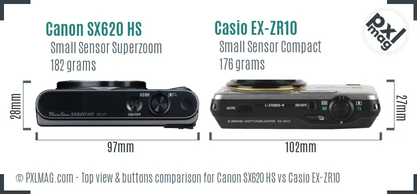 Canon SX620 HS vs Casio EX-ZR10 top view buttons comparison