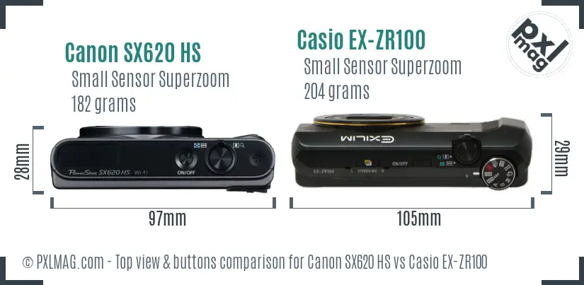 Canon SX620 HS vs Casio EX-ZR100 top view buttons comparison