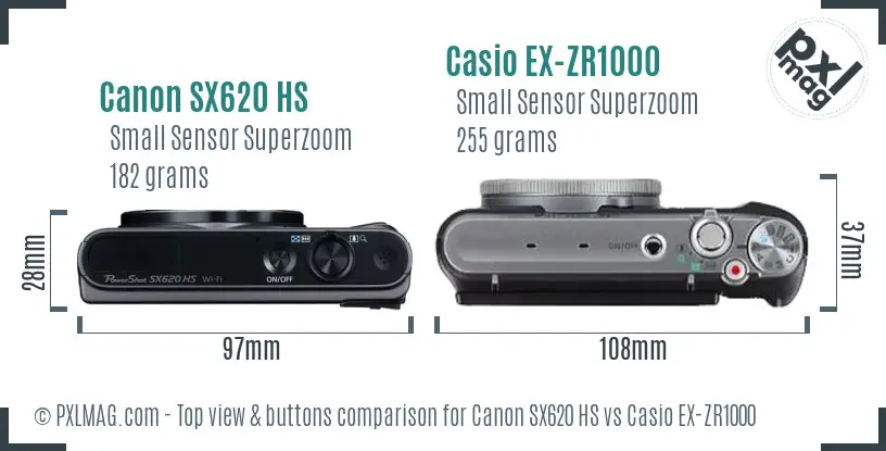 Canon SX620 HS vs Casio EX-ZR1000 top view buttons comparison Canon SX620 HS vs Casio EX-ZR1000 top view buttons comparison