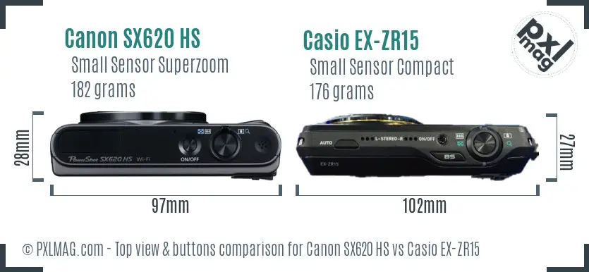 Canon SX620 HS vs Casio EX-ZR15 top view buttons comparison