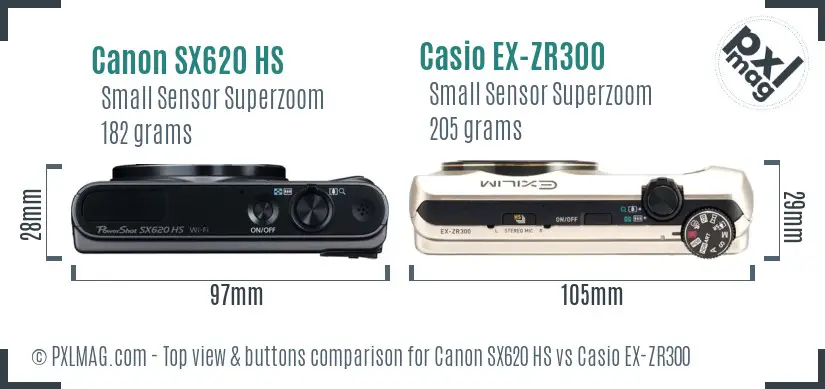 Canon SX620 HS vs Casio EX-ZR300 top view buttons comparison