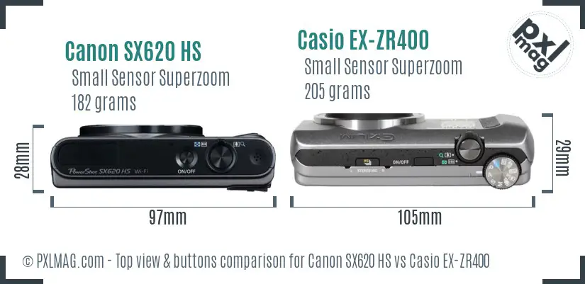 Canon SX620 HS vs Casio EX-ZR400 top view buttons comparison