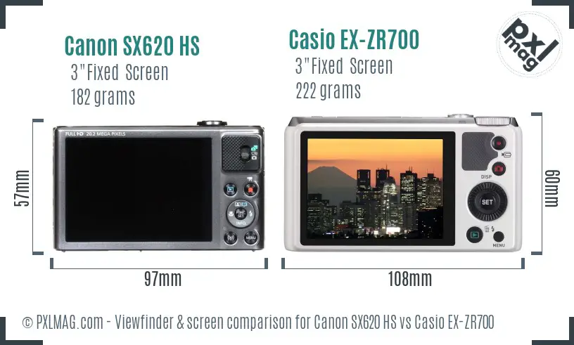 Canon SX620 HS vs Casio EX-ZR700 Screen and Viewfinder comparison