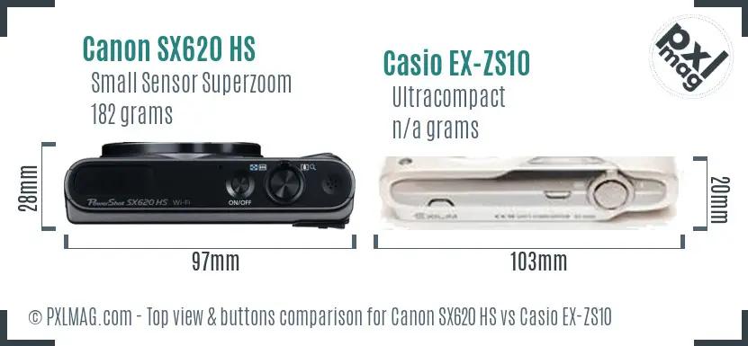 Canon SX620 HS vs Casio EX-ZS10 top view buttons comparison Canon SX620 HS vs Casio EX-ZS10 top view buttons comparison