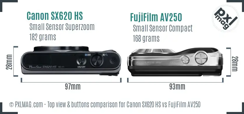 Canon SX620 HS vs FujiFilm AV250 top view buttons comparison