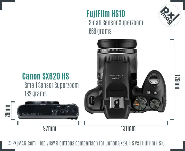 Canon SX620 HS vs FujiFilm HS10 top view buttons comparison Canon SX620 HS vs FujiFilm HS10 top view buttons comparison