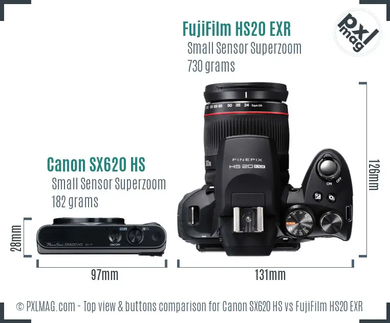 Canon SX620 HS vs FujiFilm HS20 EXR top view buttons comparison