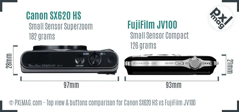 Canon SX620 HS vs FujiFilm JV100 top view buttons comparison