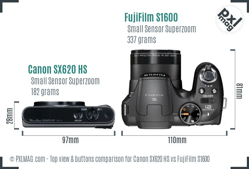 Canon SX620 HS vs FujiFilm S1600 top view buttons comparison