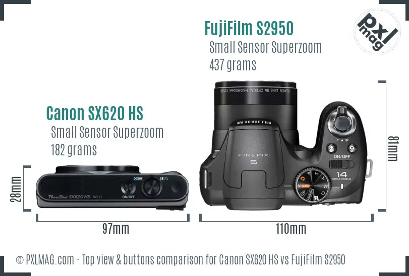 Canon SX620 HS vs FujiFilm S2950 top view buttons comparison