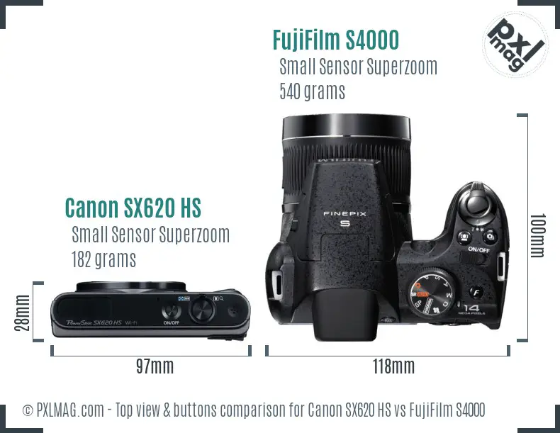 Canon SX620 HS vs FujiFilm S4000 top view buttons comparison