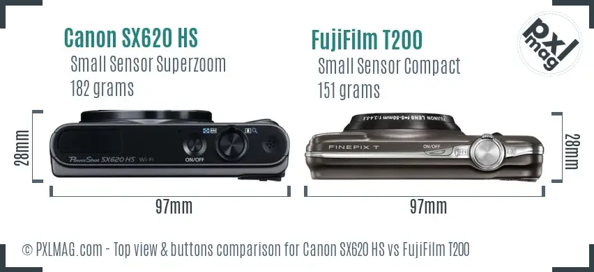 Canon SX620 HS vs FujiFilm T200 top view buttons comparison