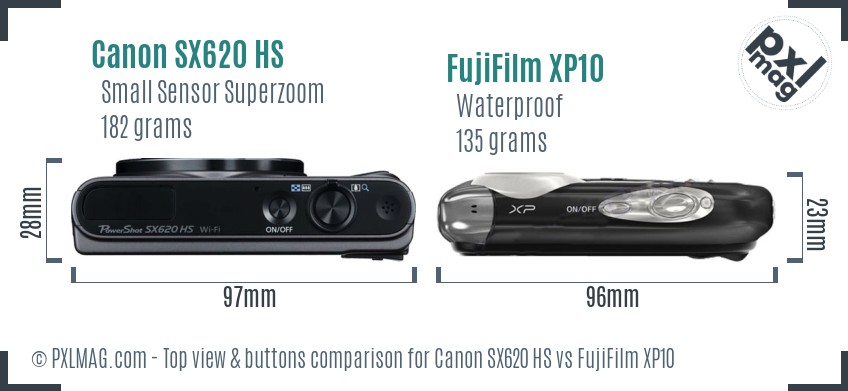 Canon SX620 HS vs FujiFilm XP10 top view buttons comparison