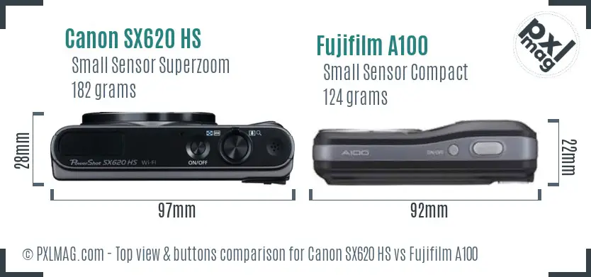 Canon SX620 HS vs Fujifilm A100 top view buttons comparison Canon SX620 HS vs Fujifilm A100 top view buttons comparison