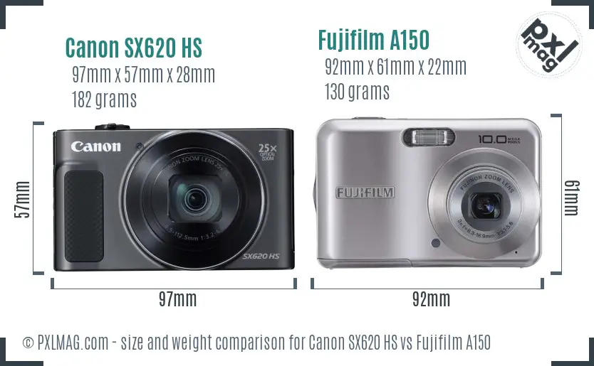 Canon SX620 HS vs Fujifilm A150 size comparison