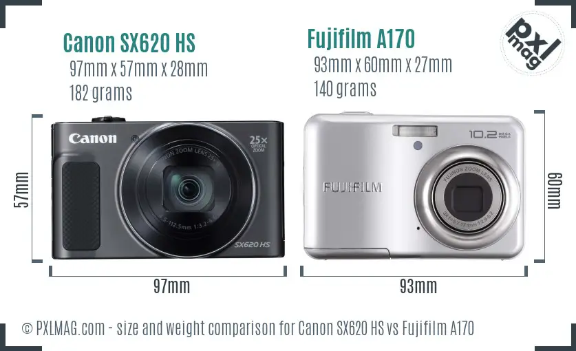 Canon SX620 HS vs Fujifilm A170 size comparison