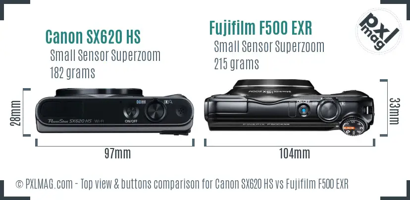 Canon SX620 HS vs Fujifilm F500 EXR top view buttons comparison