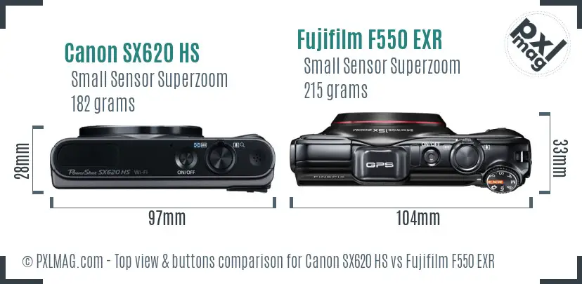 Canon SX620 HS vs Fujifilm F550 EXR top view buttons comparison