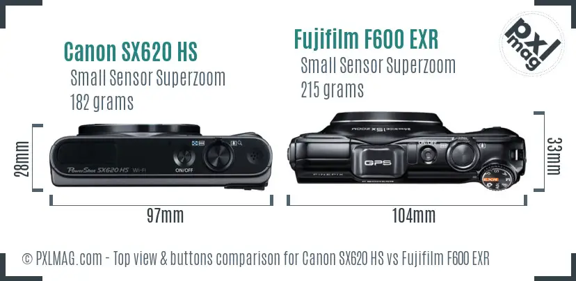 Canon SX620 HS vs Fujifilm F600 EXR top view buttons comparison Canon SX620 HS vs Fujifilm F600 EXR top view buttons comparison
