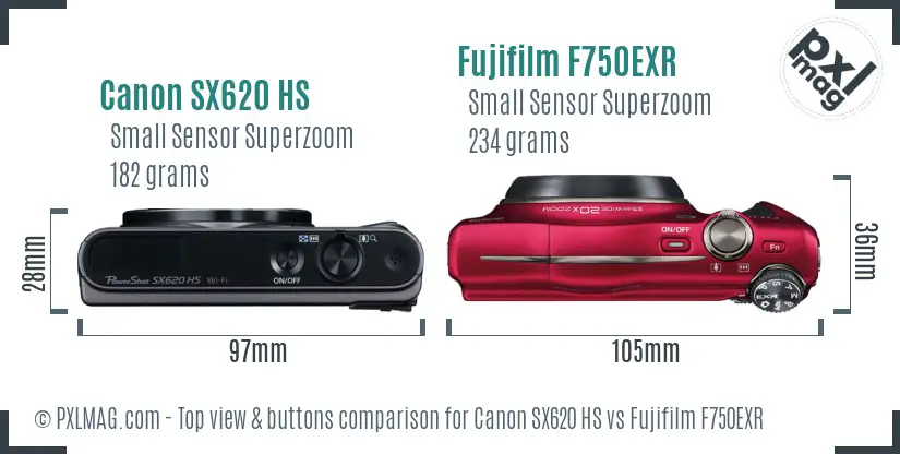Canon SX620 HS vs Fujifilm F750EXR top view buttons comparison Canon SX620 HS vs Fujifilm F750EXR top view buttons comparison